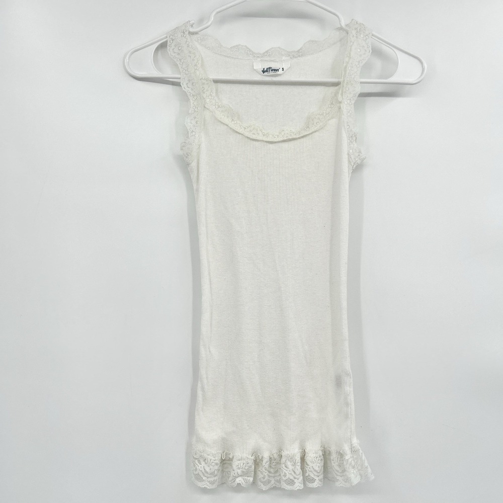 Womens Y2K Lace Trim Ribbed Tank Top Size S White Coquette Romantic Fairycore